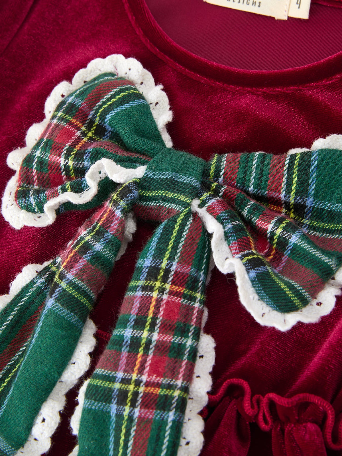 Girls Christmas Burgundy Velvet Plaid Bow Dress by Rylee Faith Designs