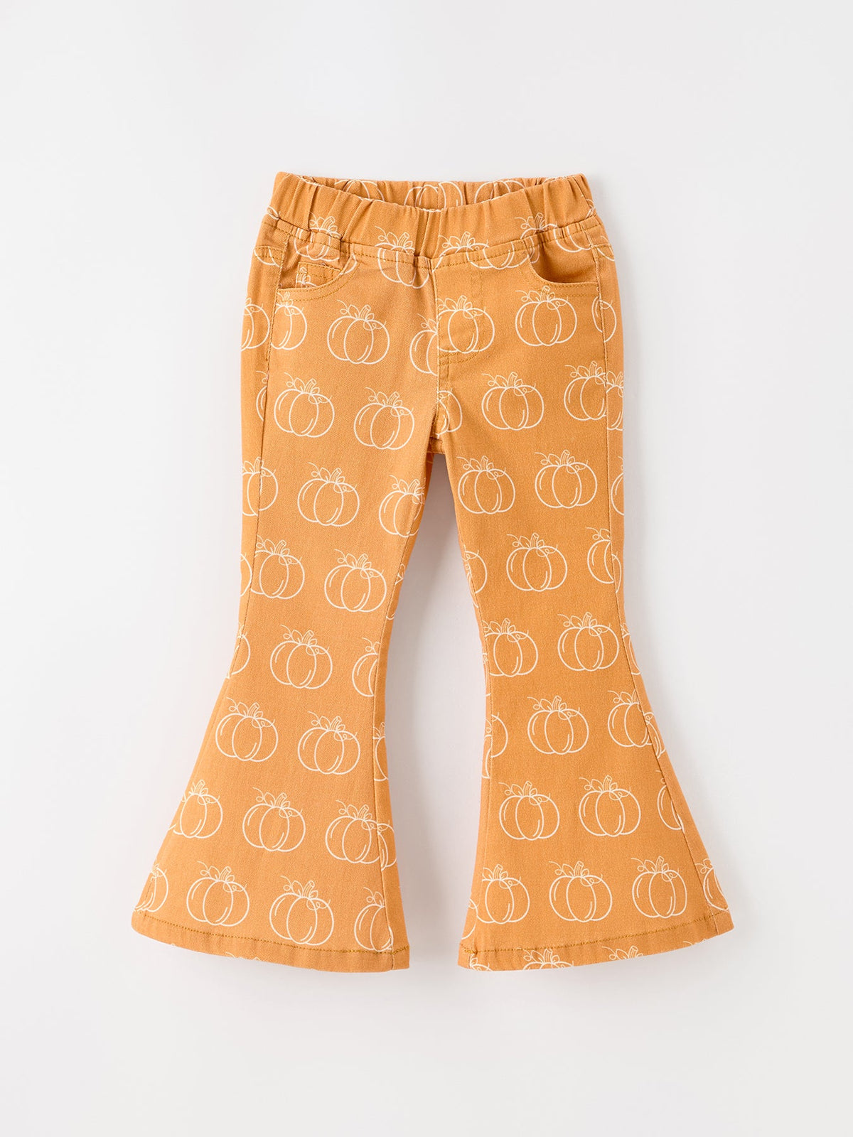 Girls bell bottom pants with allover orange pumpkin print, contrasting hem panels and bow accents