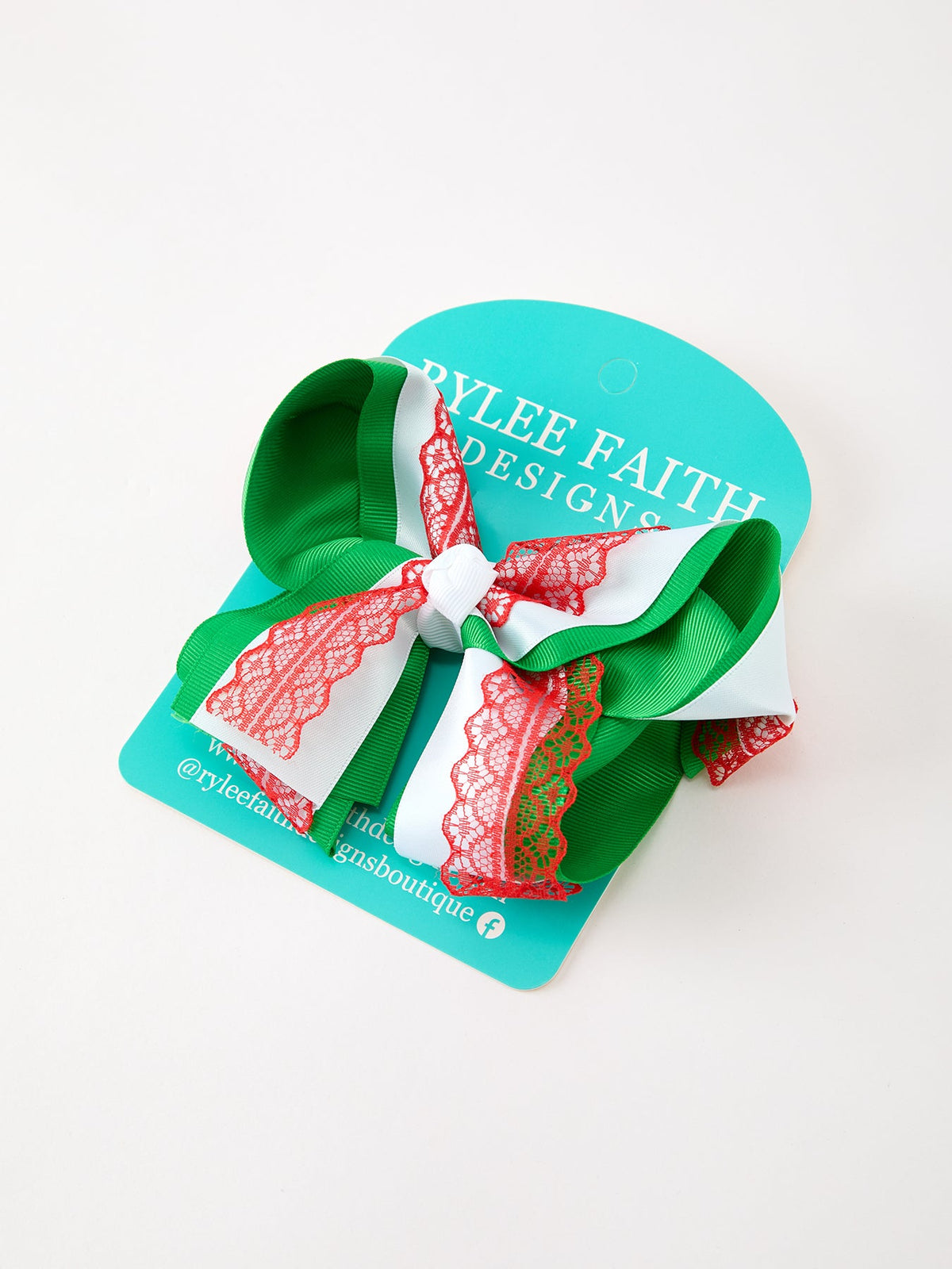 Christmas Red Lace Green Layered Bow Hair Clip 6.3 Inches by Rylee Faith Designs