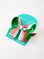 Christmas Red Lace Green Layered Bow Hair Clip 6.3 Inches by Rylee Faith Designs