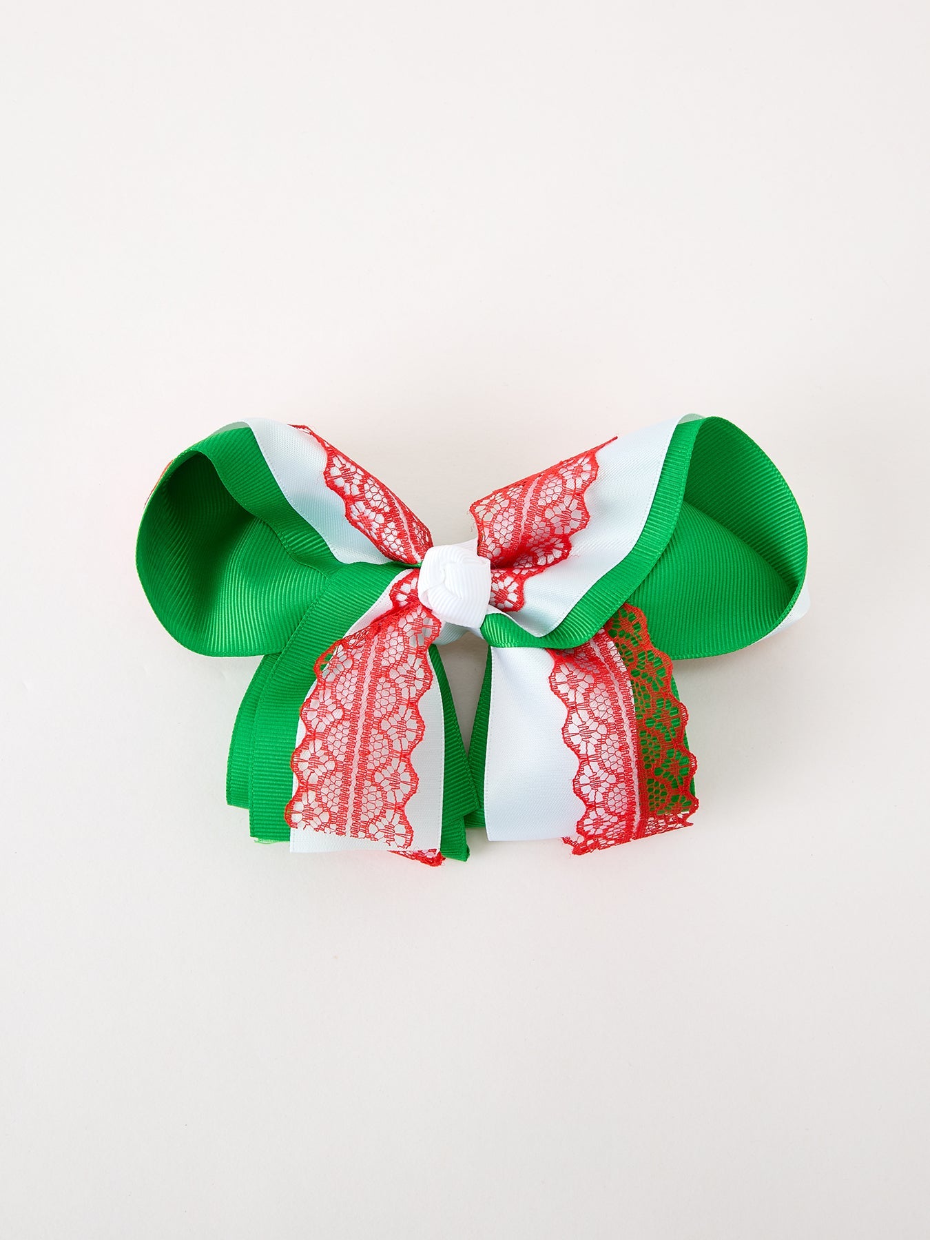 Christmas Red Lace Green Layered Bow Hair Clip 6.3 Inches by Rylee Faith Designs