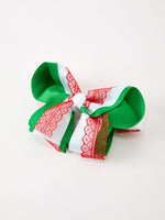 Christmas Red Lace Green Layered Bow Hair Clip 6.3 Inches by Rylee Faith Designs