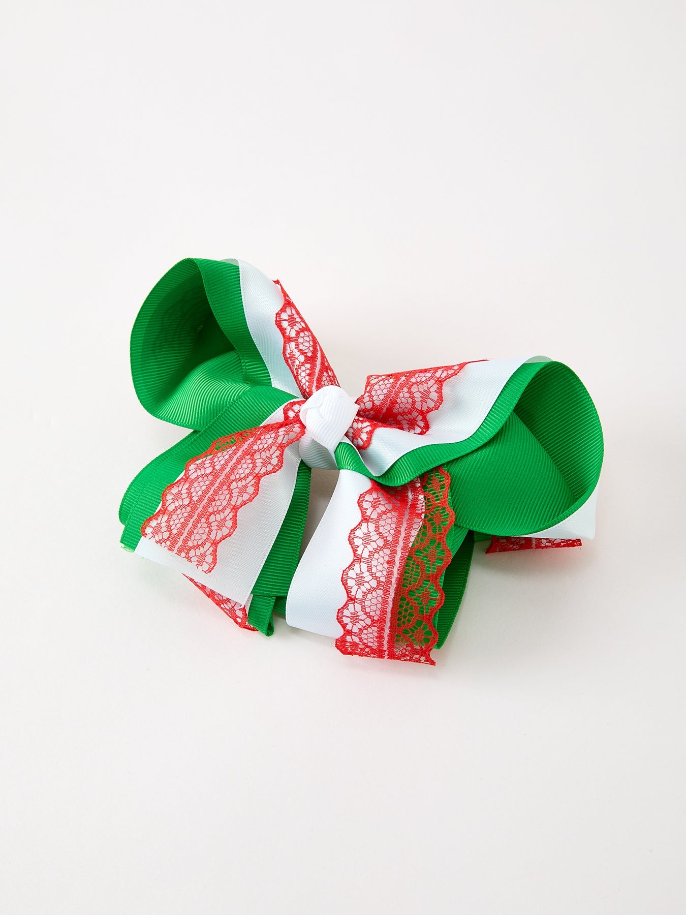 Christmas Red Lace Green Layered Bow Hair Clip 6.3 Inches by Rylee Faith Designs