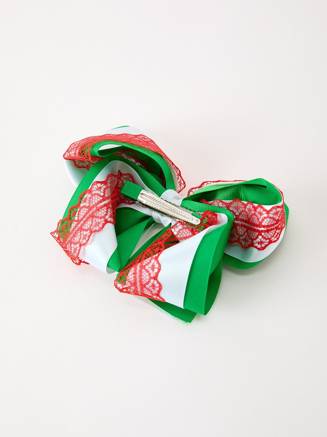 Christmas Red Lace Green Layered Bow Hair Clip 6.3 Inches by Rylee Faith Designs