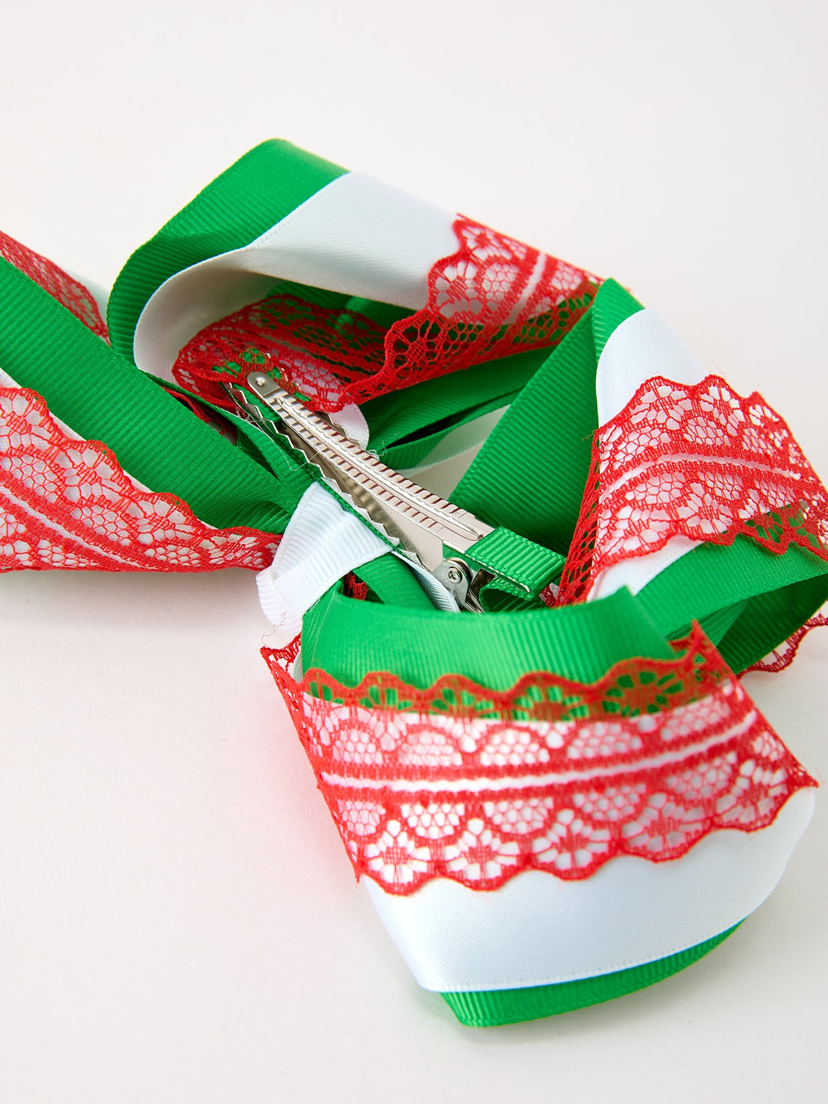 Christmas Red Lace Green Layered Bow Hair Clip 6.3 Inches by Rylee Faith Designs