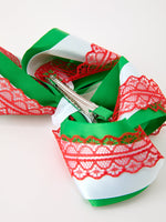 Christmas Red Lace Green Layered Bow Hair Clip 6.3 Inches by Rylee Faith Designs