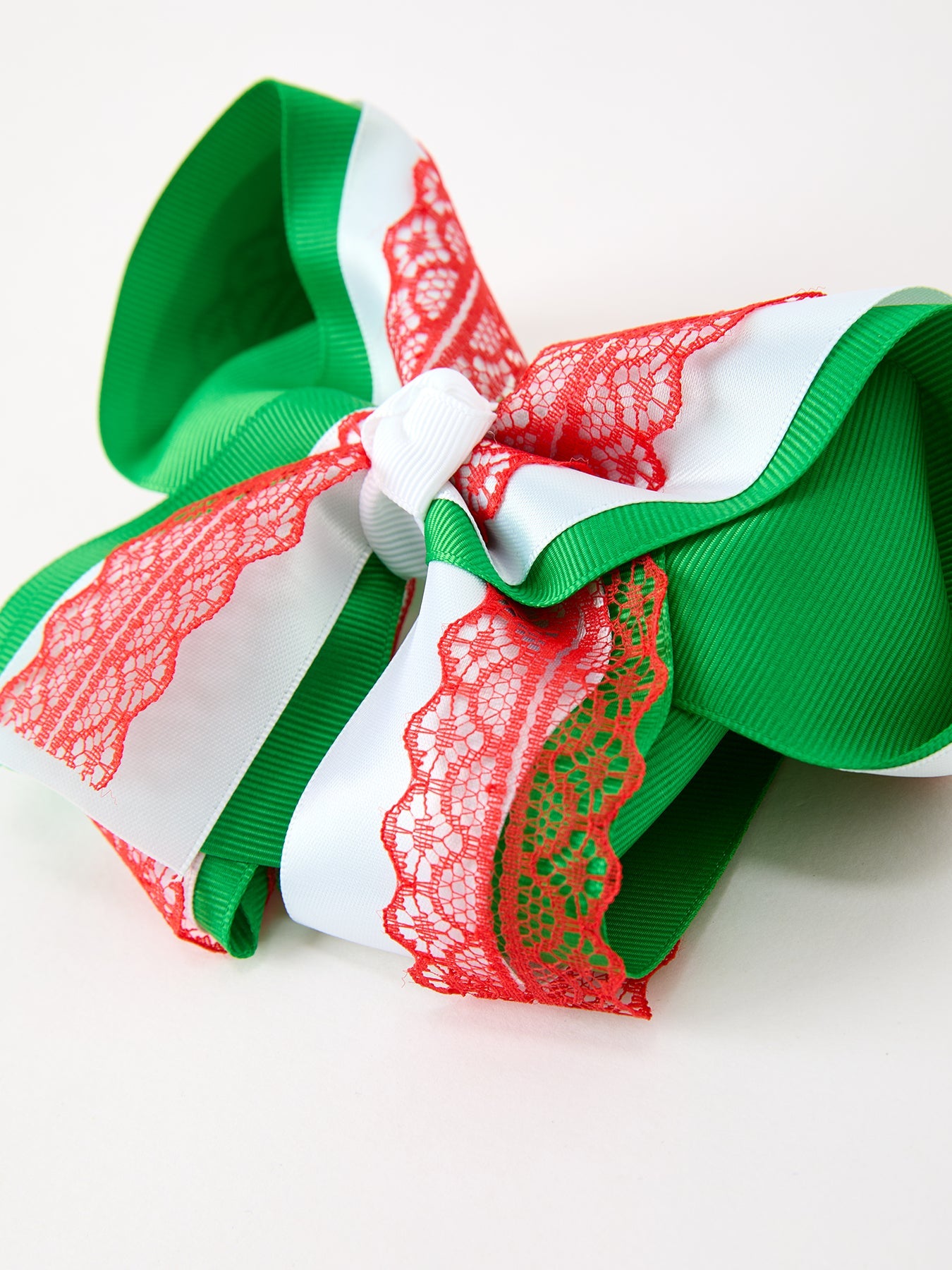 Christmas Red Lace Green Layered Bow Hair Clip 6.3 Inches by Rylee Faith Designs
