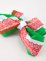 Christmas Red Lace Green Layered Bow Hair Clip 6.3 Inches by Rylee Faith Designs