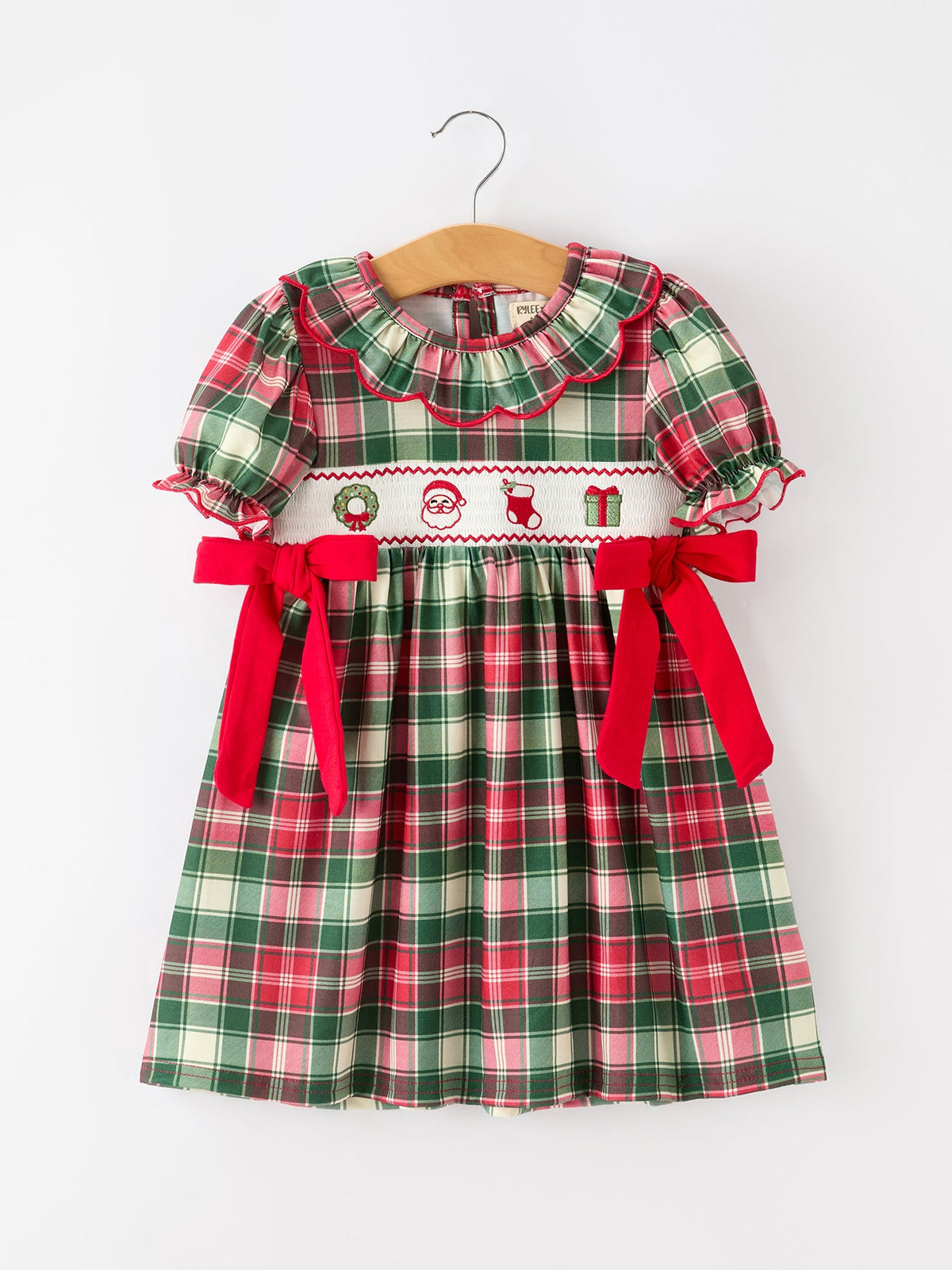 Christmas Girls Plaid Smocked Ruffle Collar Bow Dress by Rylee Faith Designs