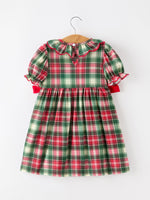 Christmas Girls Plaid Smocked Ruffle Collar Bow Dress by Rylee Faith Designs