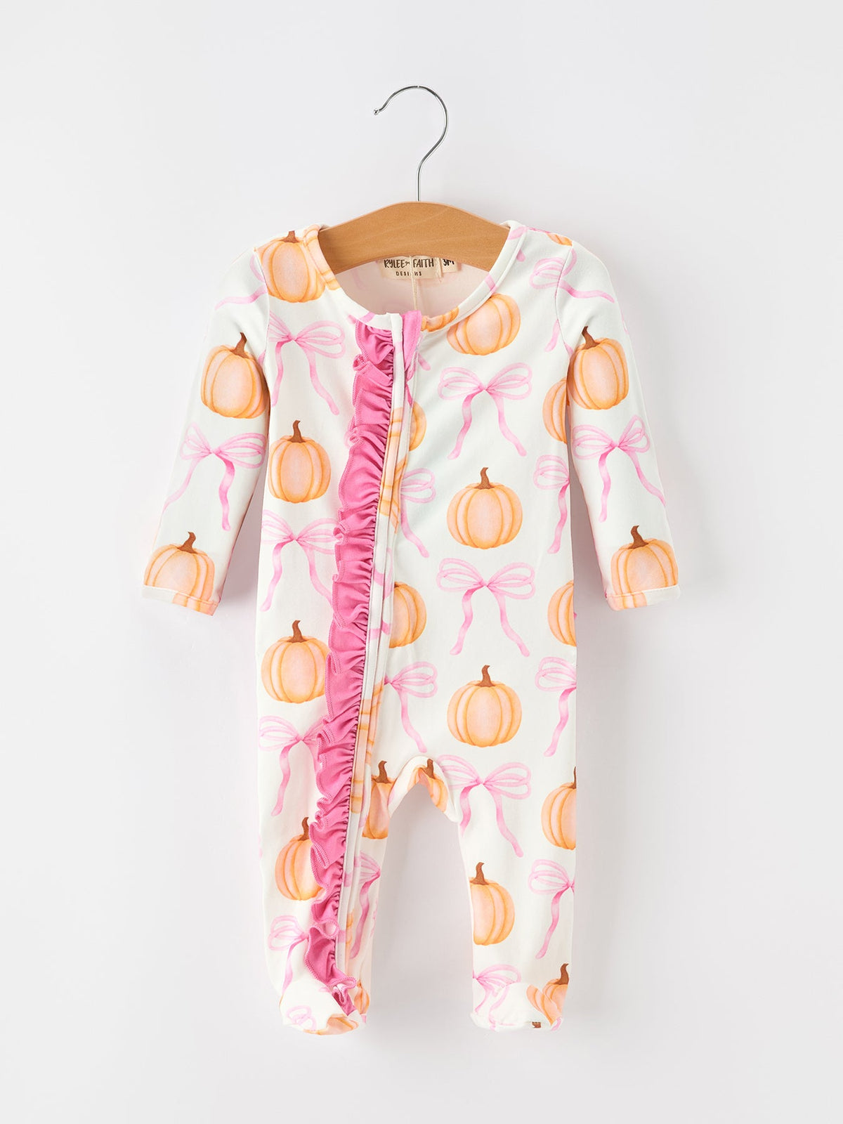 Fall Baby Girls Pumpkin Bow Ruffle Zip Romper by Rylee Faith Designs