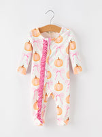 Fall Baby Girls Pumpkin Bow Ruffle Zip Romper by Rylee Faith Designs