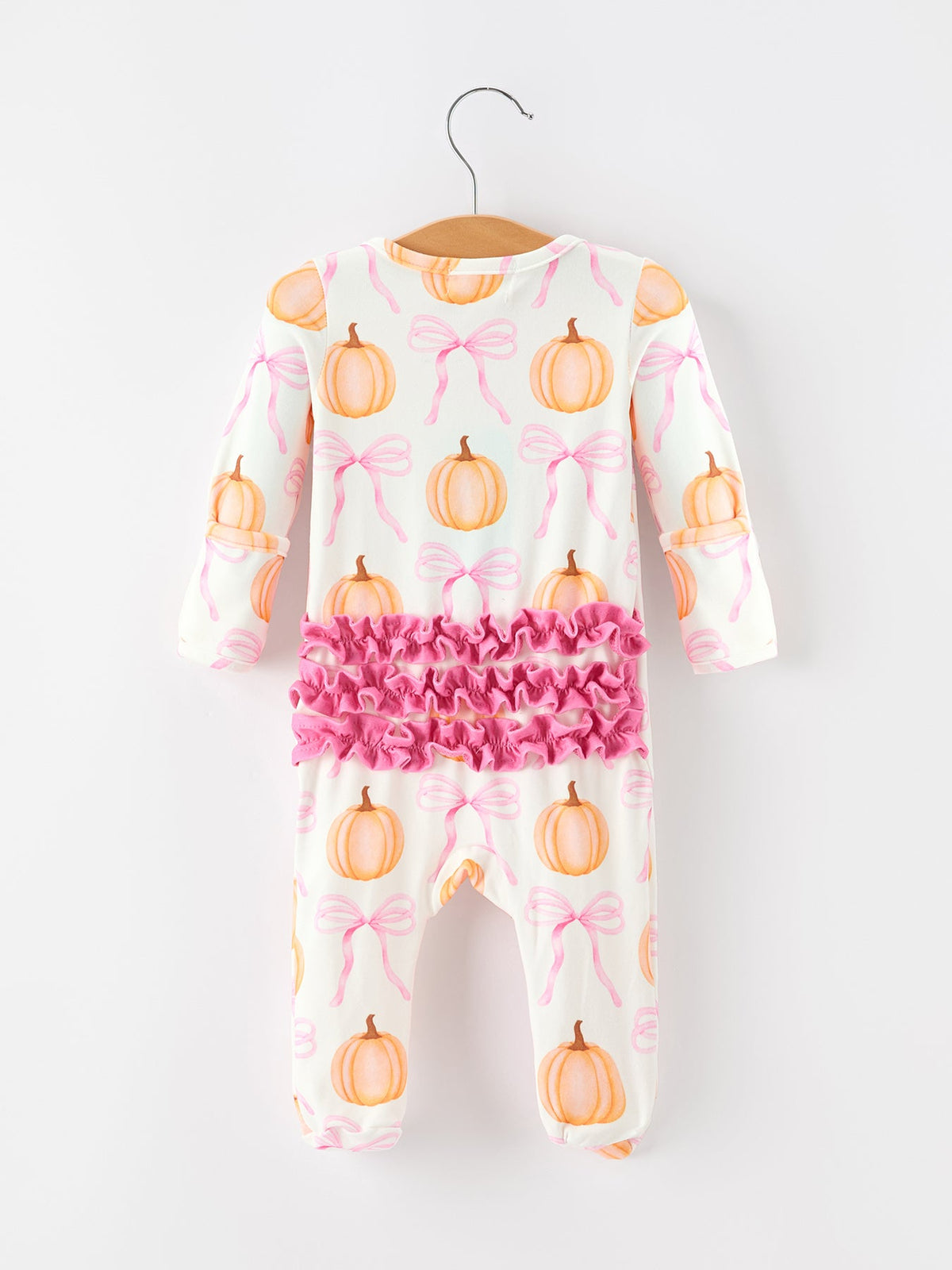 Fall Baby Girls Pumpkin Bow Ruffle Zip Romper by Rylee Faith Designs