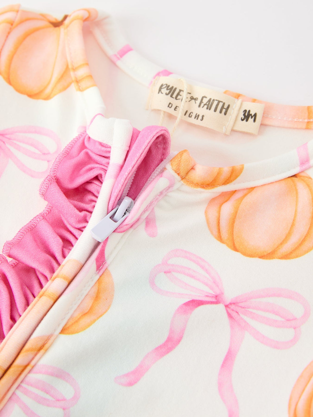 Fall Baby Girls Pumpkin Bow Ruffle Zip Romper by Rylee Faith Designs