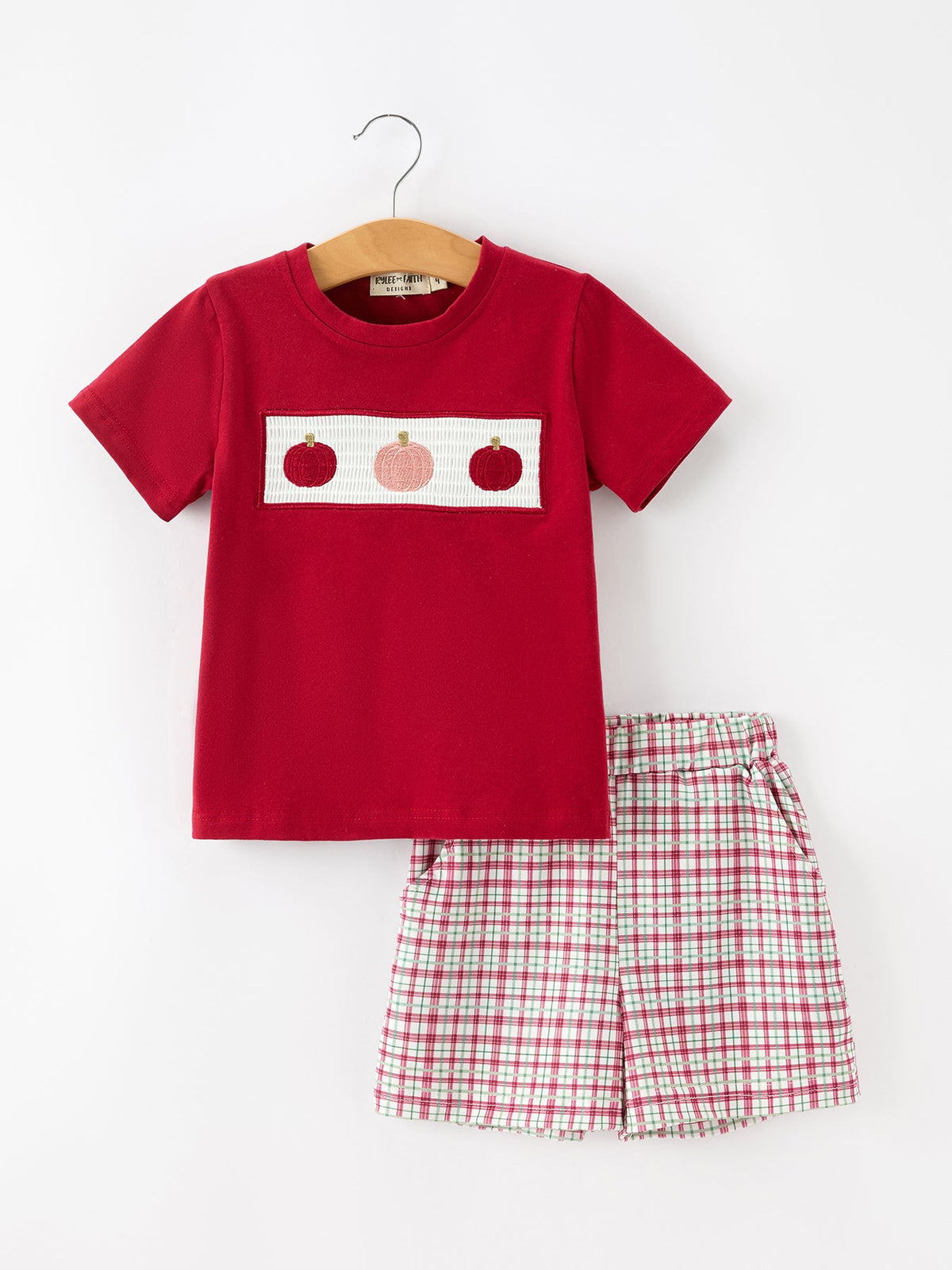 Fall Pumpkin Boys Outfit Set Red Tee Plaid Shorts Set by Rylee Faith Designs