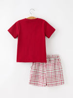 Fall Pumpkin Boys Outfit Set Red Tee Plaid Shorts Set by Rylee Faith Designs