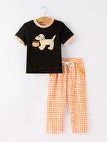 Boys Halloween Dog Pumpkin Outfit Set Plaid Pants by Rylee Faith Designs