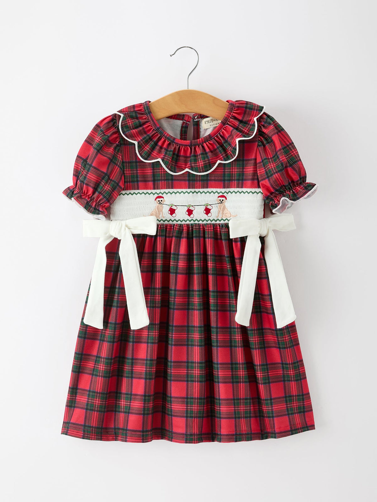 Christmas Girls Plaid Puppy Smocked Ruffle Collar Dress by Rylee Faith Designs