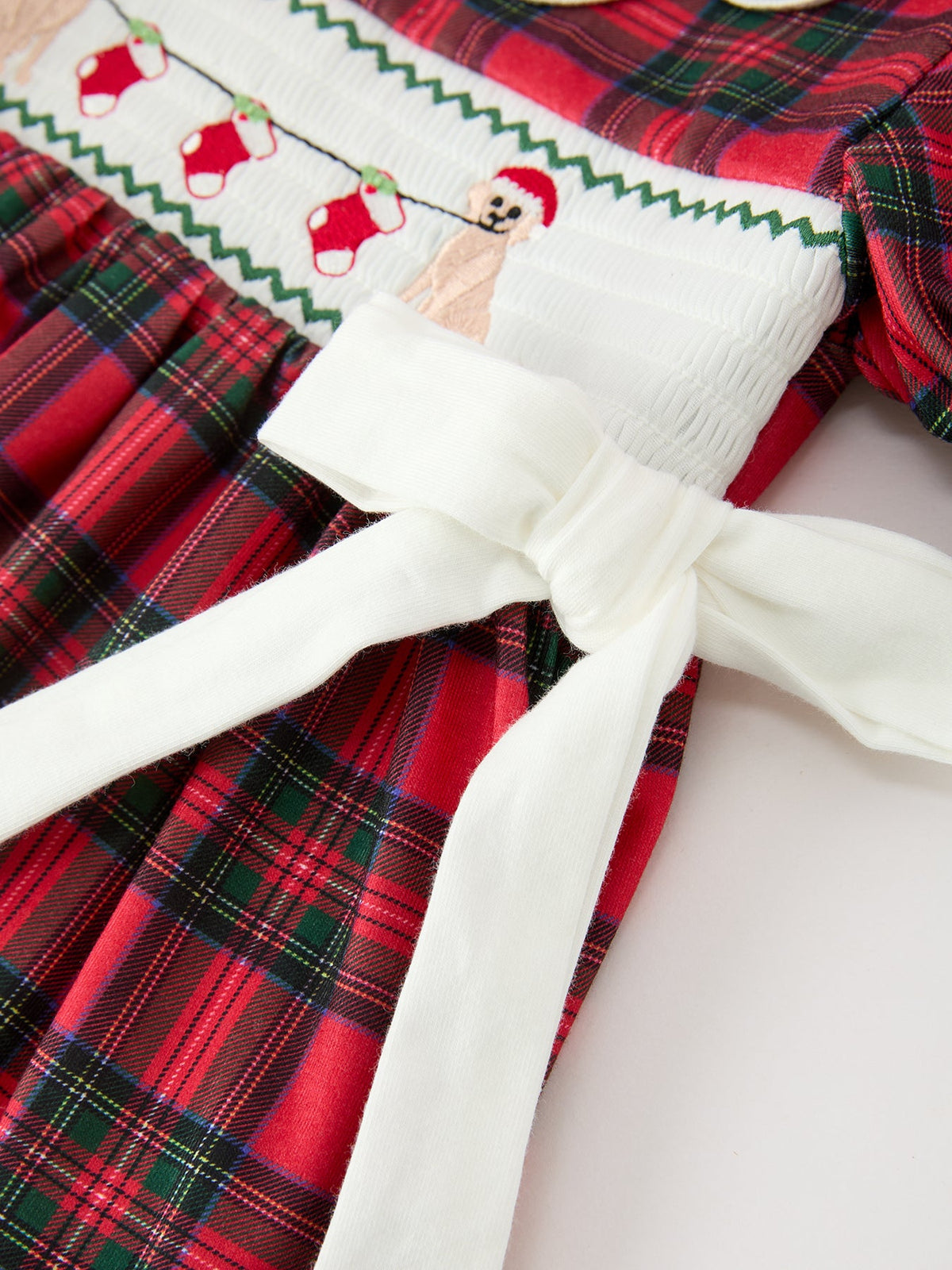 Christmas Girls Plaid Puppy Smocked Ruffle Collar Dress by Rylee Faith Designs
