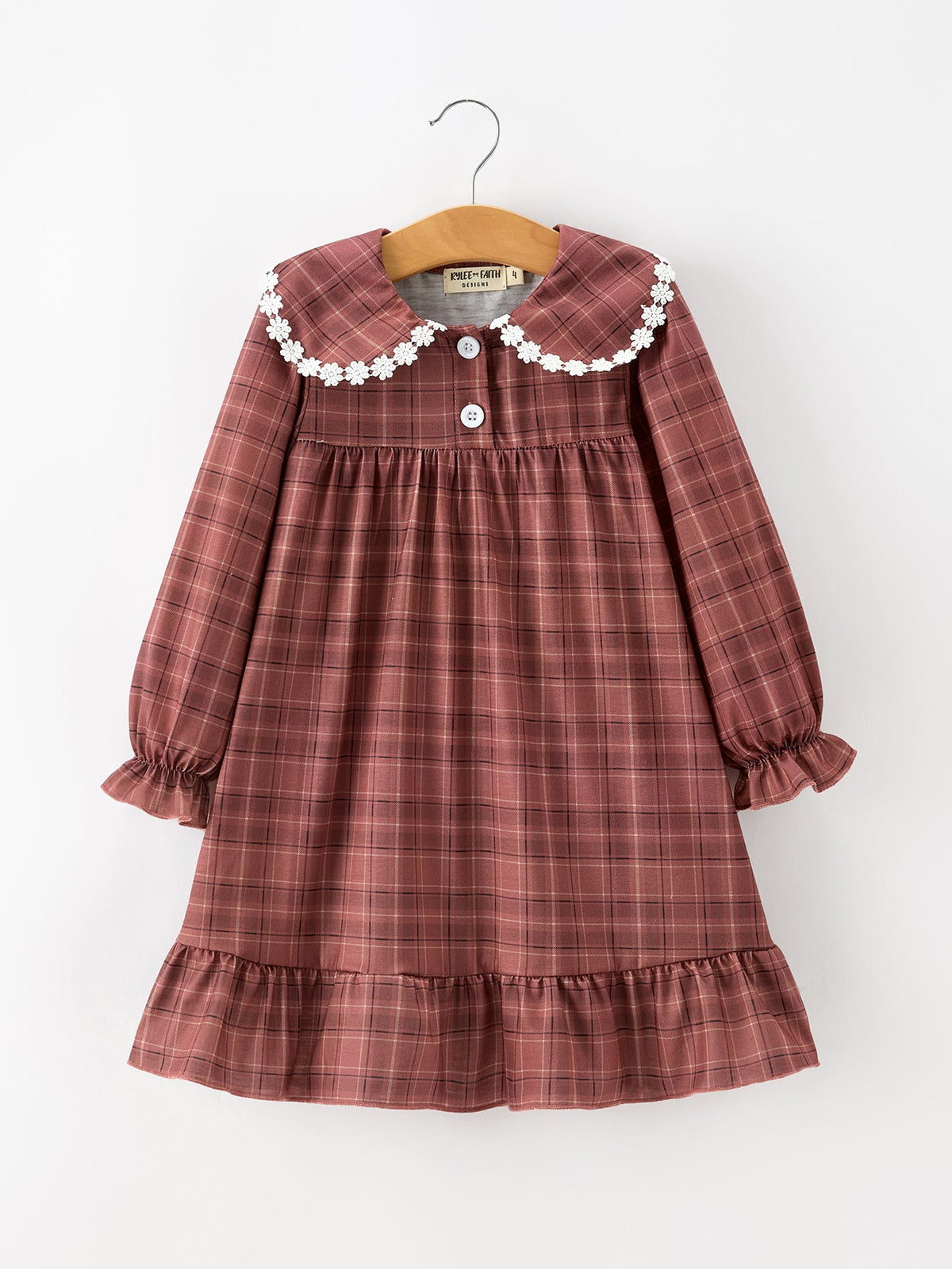 Girls Brown Plaid Lace-Trim Peter Pan Collar Dress by Rylee Faith Designs
