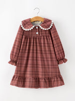 Girls Brown Plaid Lace-Trim Peter Pan Collar Dress by Rylee Faith Designs