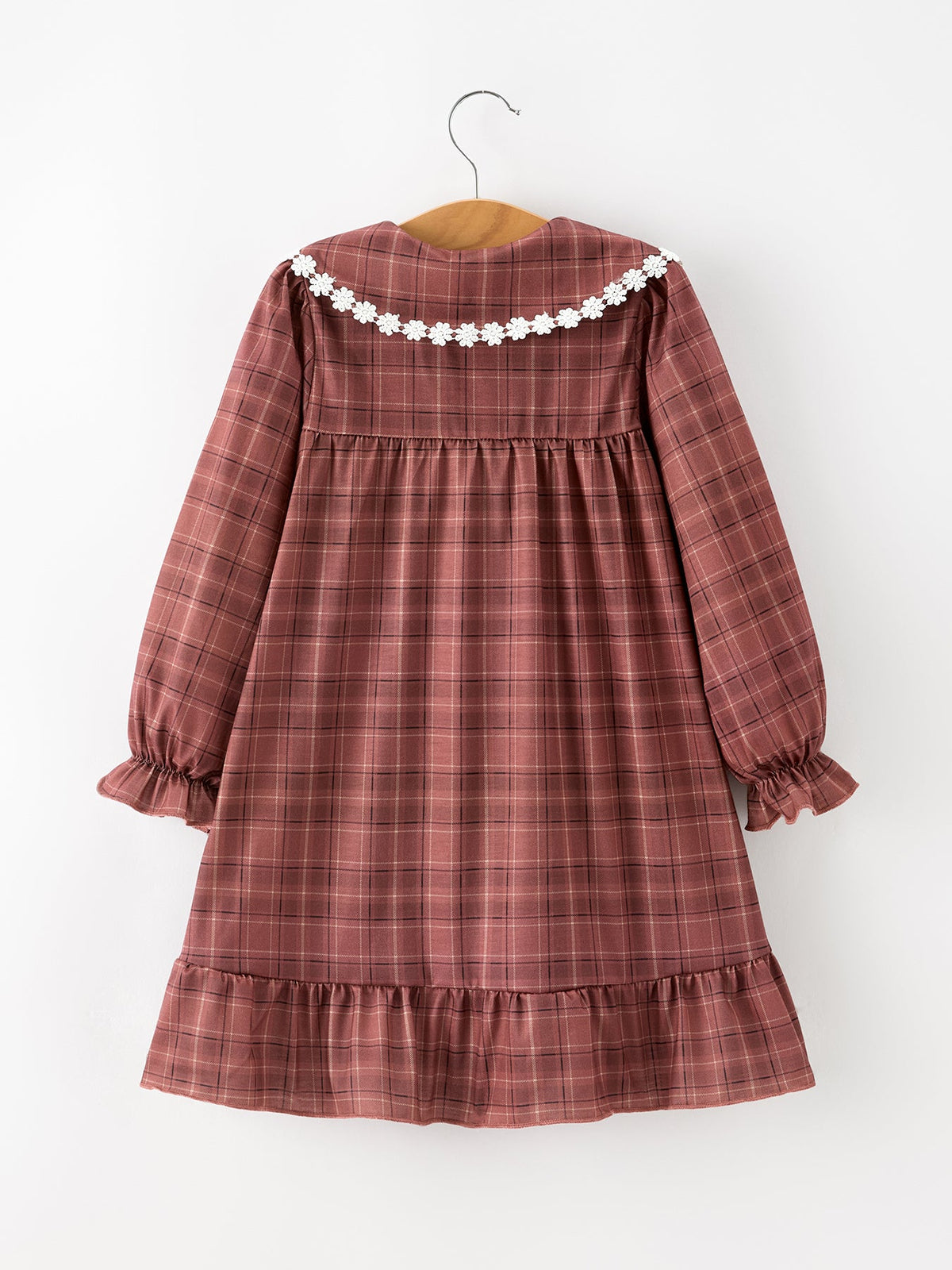 Girls Brown Plaid Lace-Trim Peter Pan Collar Dress by Rylee Faith Designs