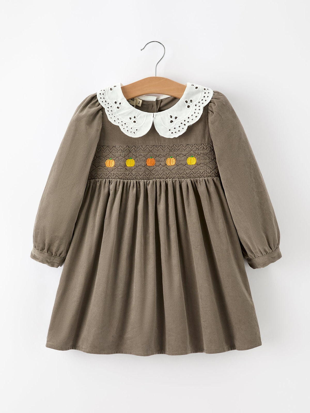 Fall Girls Pumpkin Smocked Eyelet Collar Corduroy Dress by Rylee Faith Designs