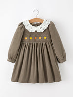 Fall Girls Pumpkin Smocked Eyelet Collar Corduroy Dress by Rylee Faith Designs