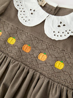Fall Girls Pumpkin Smocked Eyelet Collar Corduroy Dress by Rylee Faith Designs