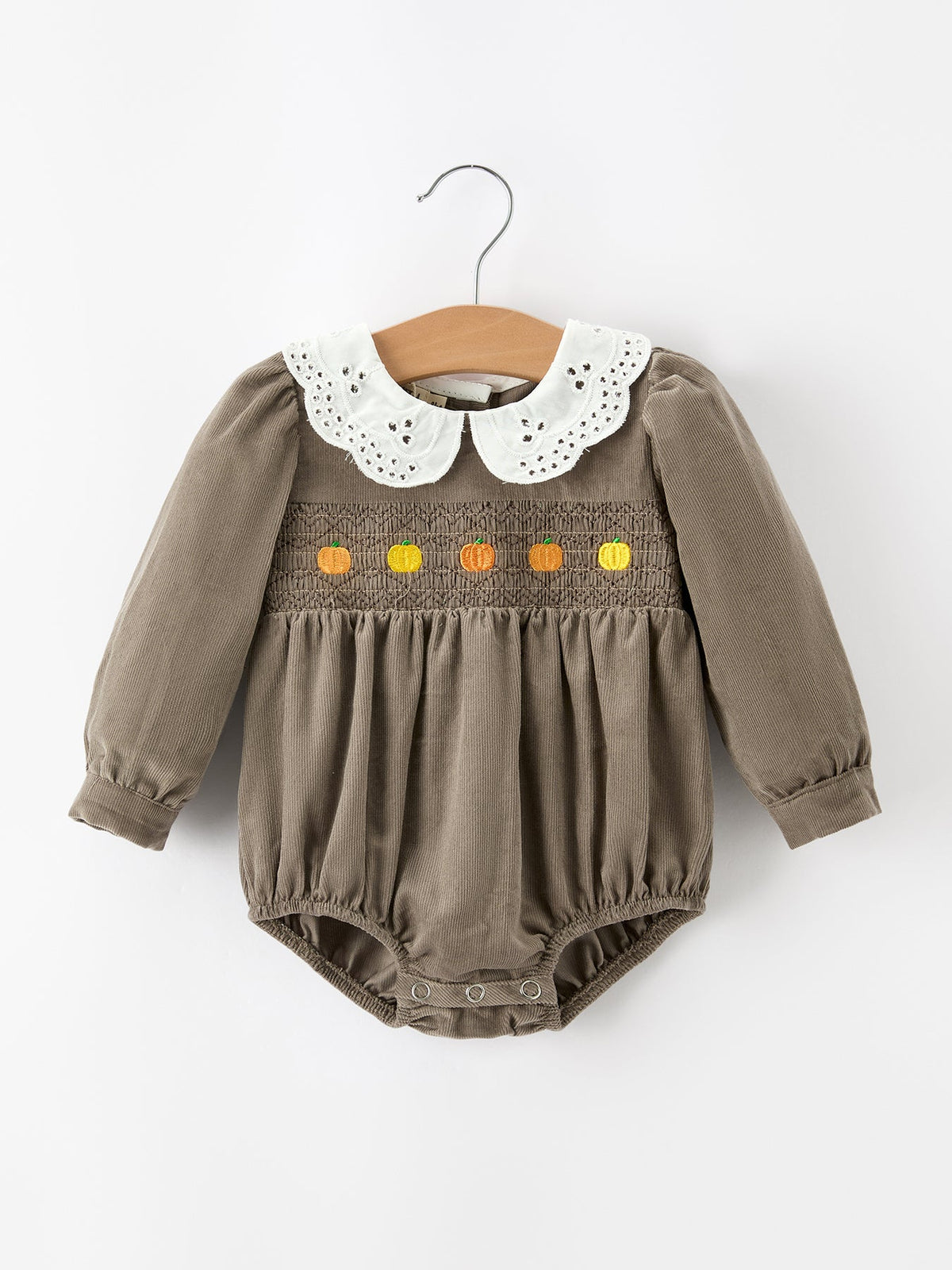 Fall Baby Girls Pumpkin Smocked Eyelet Collar Romper by Rylee Faith Designs