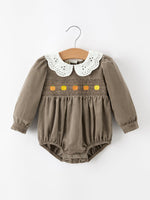 Fall Baby Girls Pumpkin Smocked Eyelet Collar Romper by Rylee Faith Designs