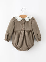 Fall Baby Girls Pumpkin Smocked Eyelet Collar Romper by Rylee Faith Designs