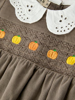 Fall Baby Girls Pumpkin Smocked Eyelet Collar Romper by Rylee Faith Designs