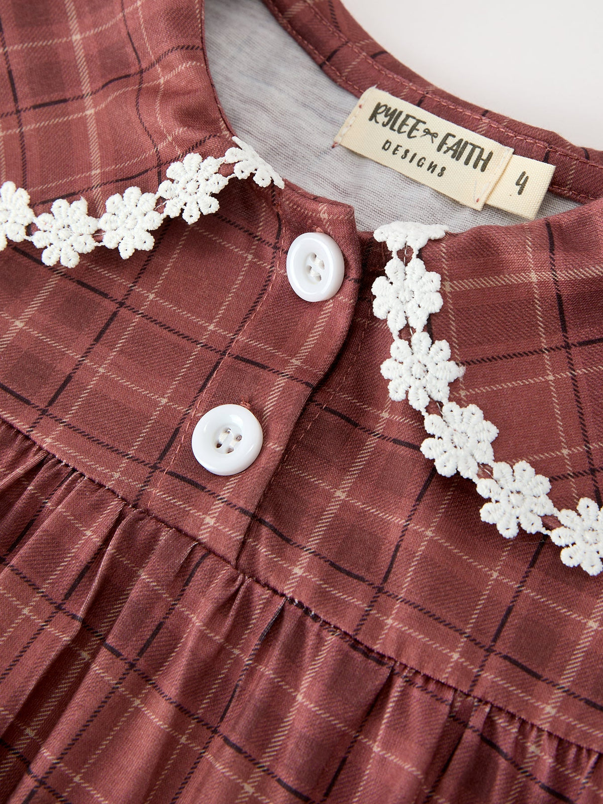Girls Brown Plaid Lace-Trim Peter Pan Collar Dress by Rylee Faith Designs