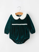 Baby Girls Emerald Green Velvet Peter Pan Collar Christmas Romper by Rylee Faith Designs