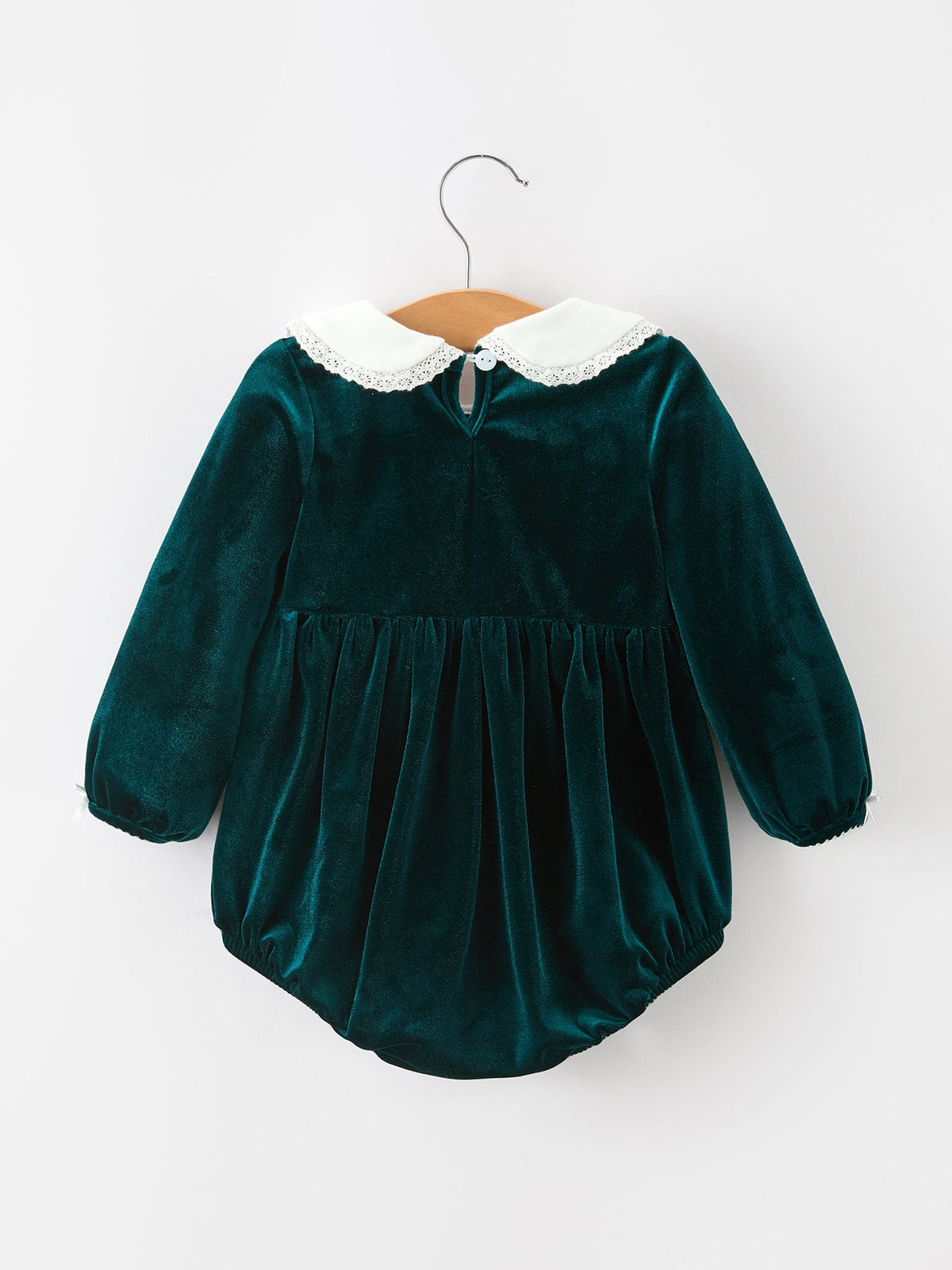 Baby Girls Emerald Green Velvet Peter Pan Collar Christmas Romper by Rylee Faith Designs