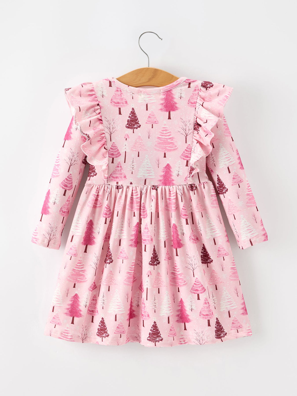 Christmas Tree Print Girls Pink Ruffle Long Sleeve Dress by Rylee Faith Designs