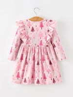 Christmas Tree Print Girls Pink Ruffle Long Sleeve Dress by Rylee Faith Designs