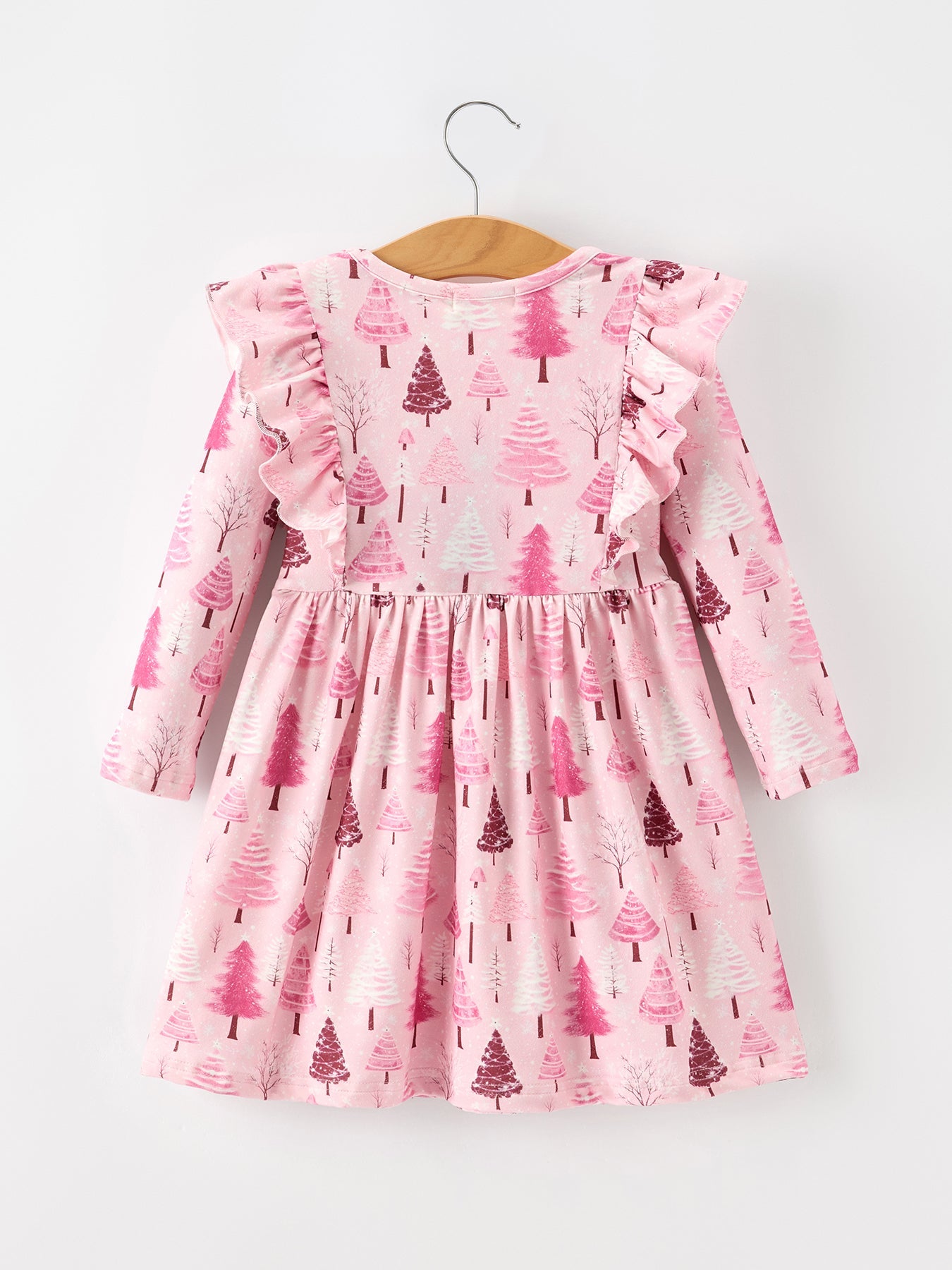 Christmas Tree Print Girls Pink Ruffle Long Sleeve Dress by Rylee Faith Designs