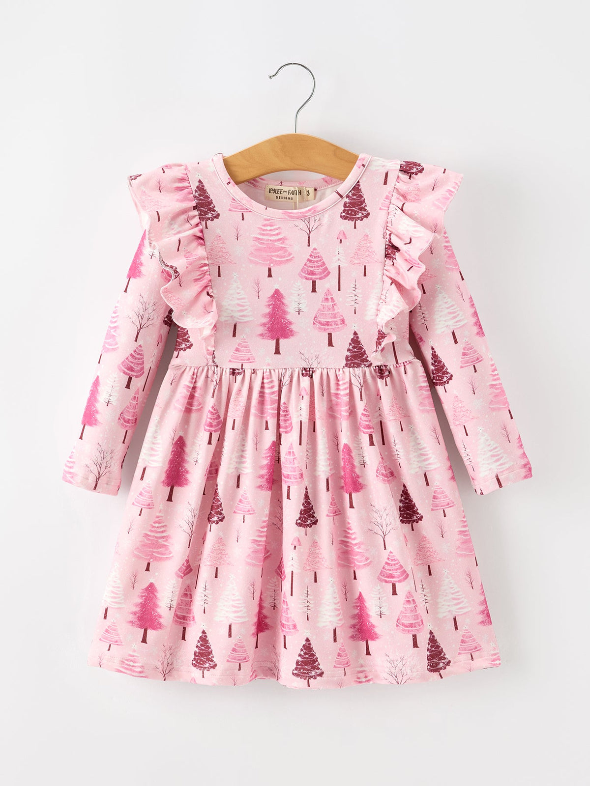 Christmas Tree Print Girls Pink Ruffle Long Sleeve Dress by Rylee Faith Designs