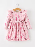 Christmas Tree Print Girls Pink Ruffle Long Sleeve Dress by Rylee Faith Designs