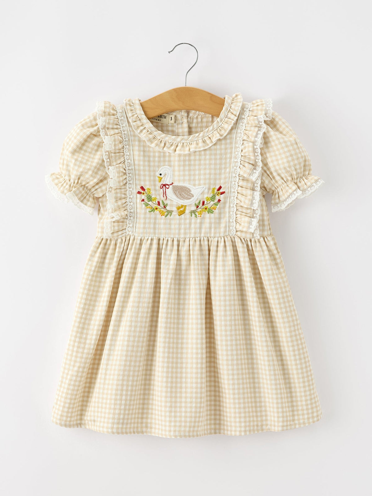 Girls Goose Embroidered Beige Plaid Ruffle Dress by Rylee Faith Designs