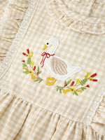 Girls Goose Embroidered Beige Plaid Ruffle Dress by Rylee Faith Designs