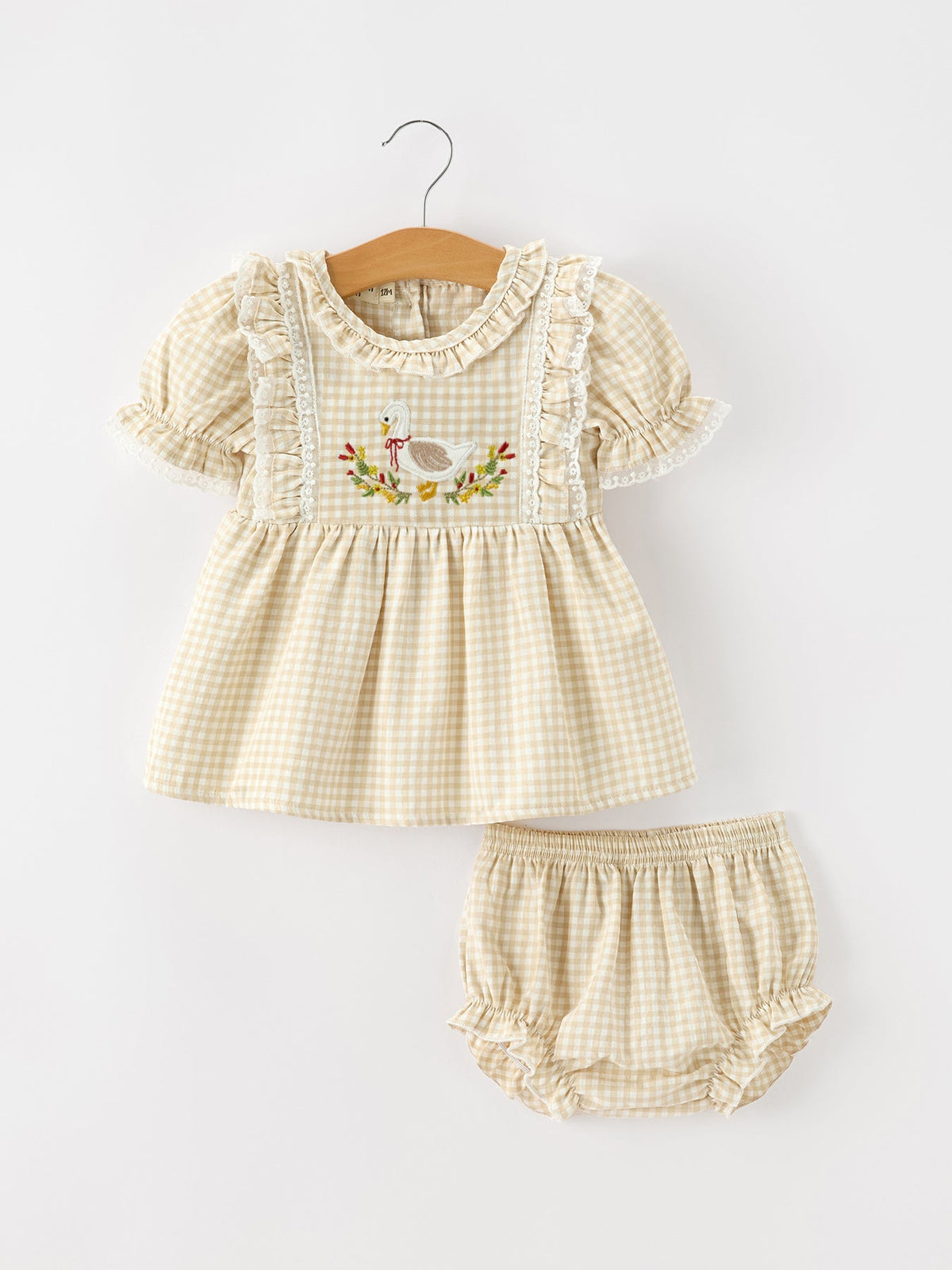 Baby Girls Goose Embroidered Beige Plaid Ruffle Bloomer Set by Rylee Faith Designs