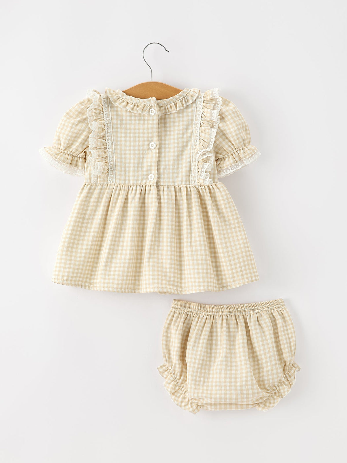 Baby Girls Goose Embroidered Beige Plaid Ruffle Bloomer Set by Rylee Faith Designs