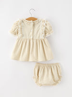 Baby Girls Goose Embroidered Beige Plaid Ruffle Bloomer Set by Rylee Faith Designs
