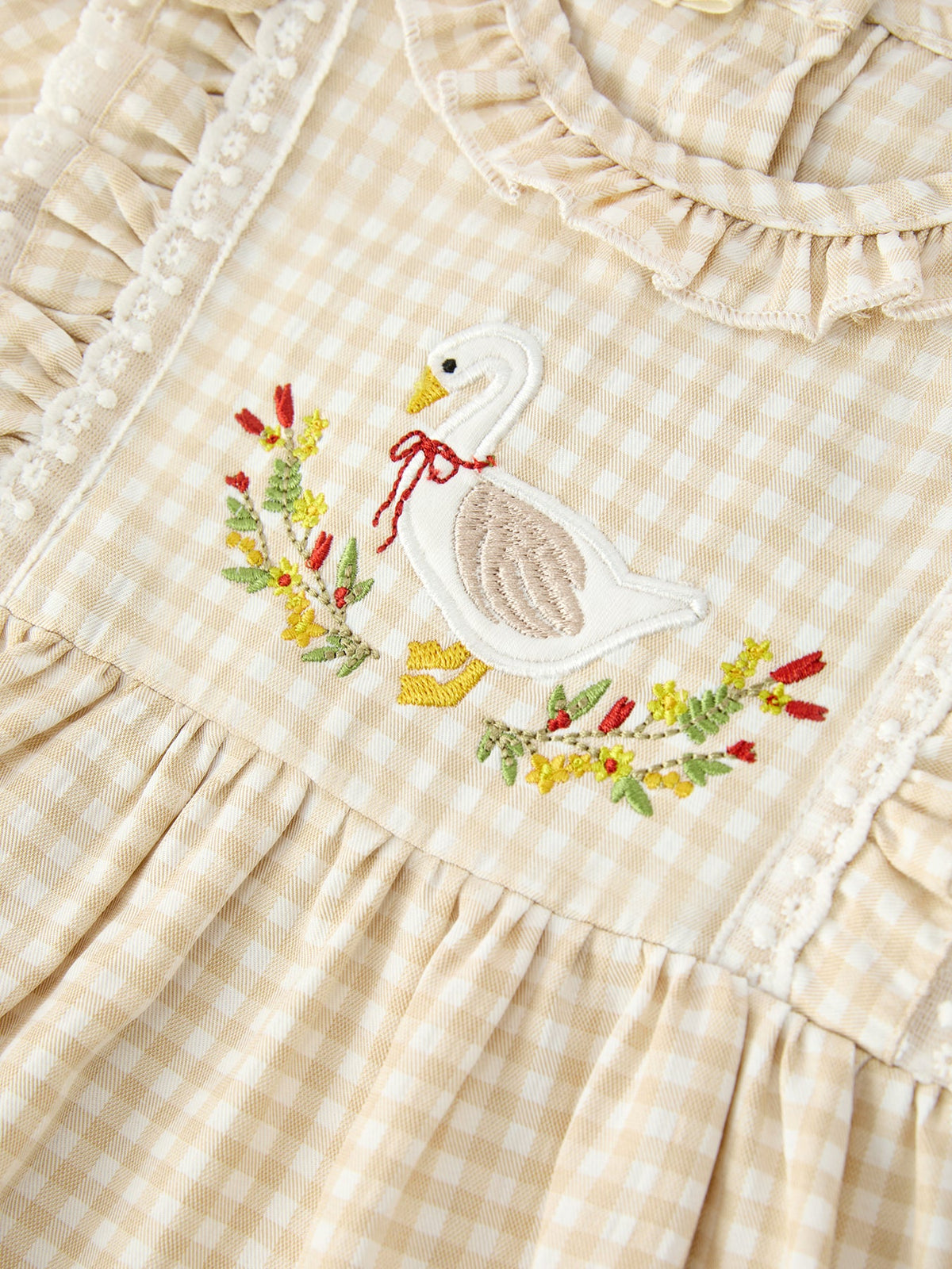 Baby Girls Goose Embroidered Beige Plaid Ruffle Bloomer Set by Rylee Faith Designs
