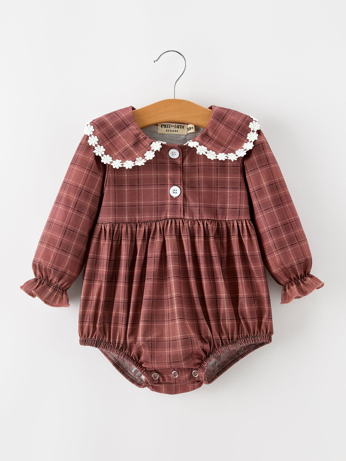 Baby Girls Brown Plaid Floral Lace Collar Romper by Rylee Faith Designs
