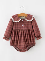 Baby Girls Brown Plaid Floral Lace Collar Romper by Rylee Faith Designs