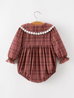 Baby Girls Brown Plaid Floral Lace Collar Romper by Rylee Faith Designs